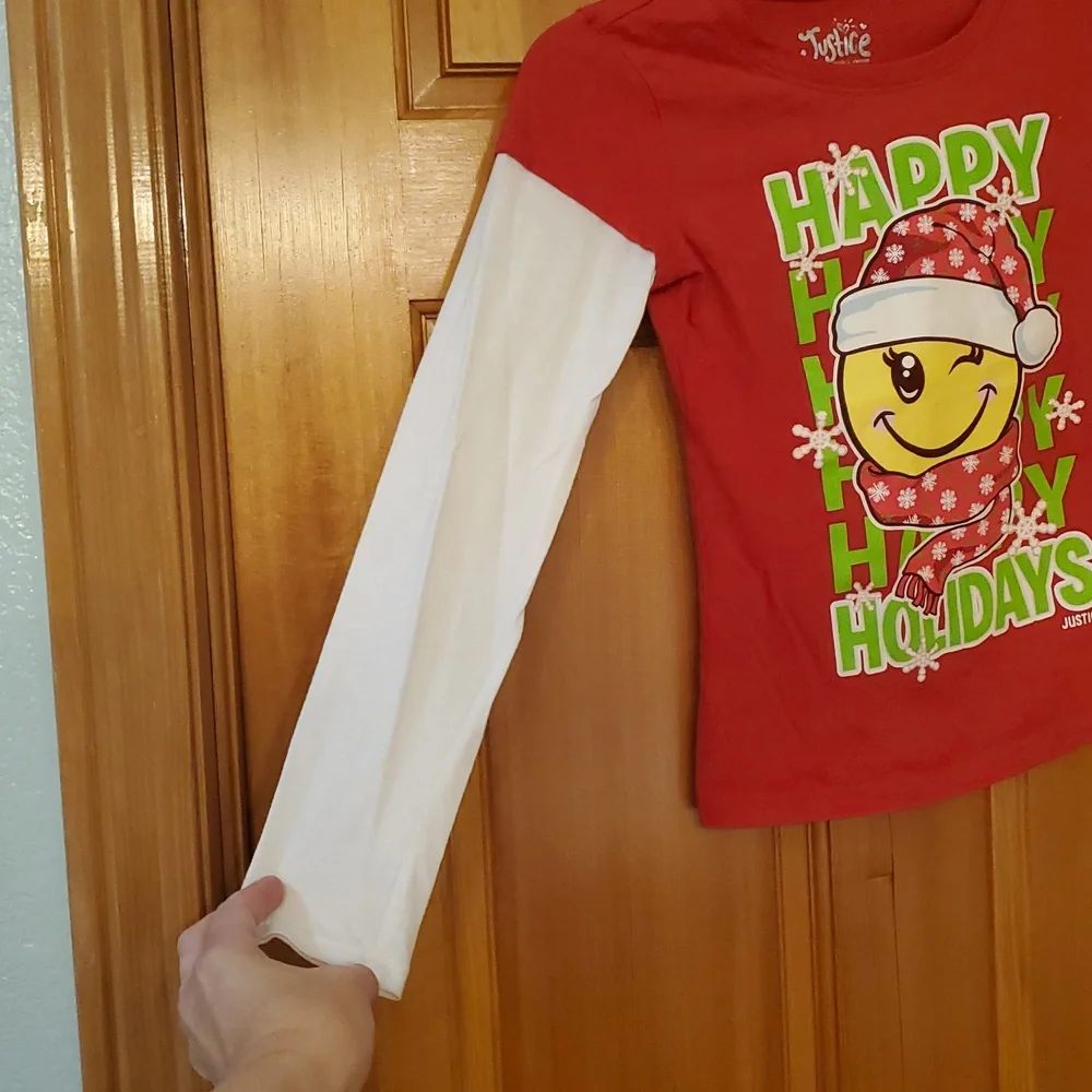 Justice Red‎ Chriatmas Holiday Long Sleeve Shirt With Santa Emoji Size 8